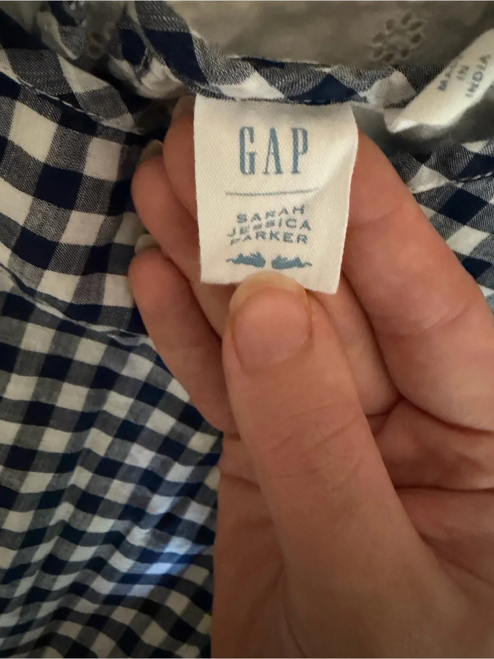 Gap x Sarah Jessica Parker navy white gingham dress with pink eyelet trim